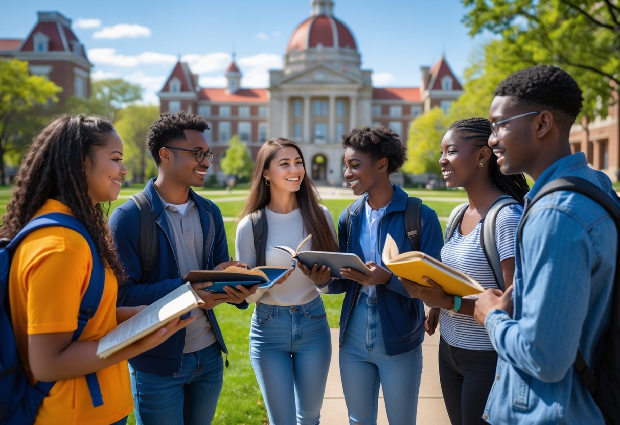 A diverse group of university students studying and discussing together outdoors on a university campus with buildings and green spaces in the background.