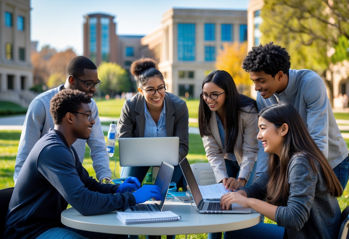 A group of diverse undergraduate students collaborating on a research project outdoors at a university campus.