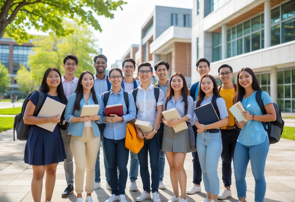 A group of diverse college students smiling and standing together on a university campus outdoors.