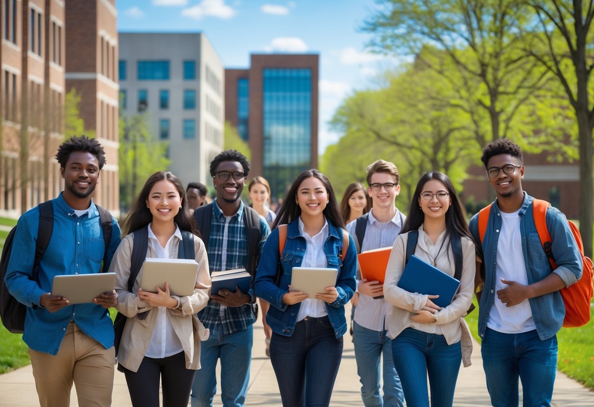 A diverse group of college students smiling and interacting on a university campus with modern buildings and green trees in the background.