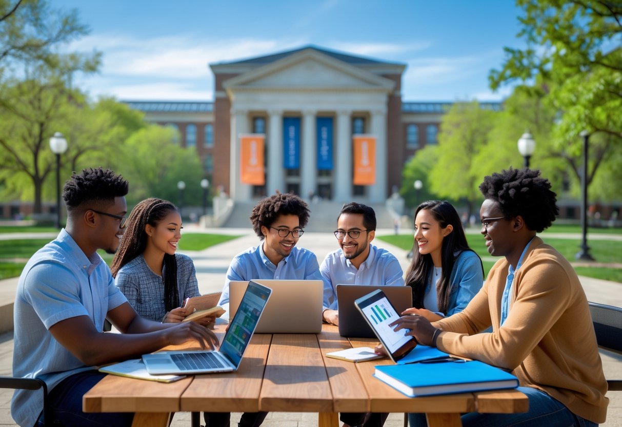 A group of diverse graduate students studying together outdoors on a university campus with modern buildings and trees in the background.