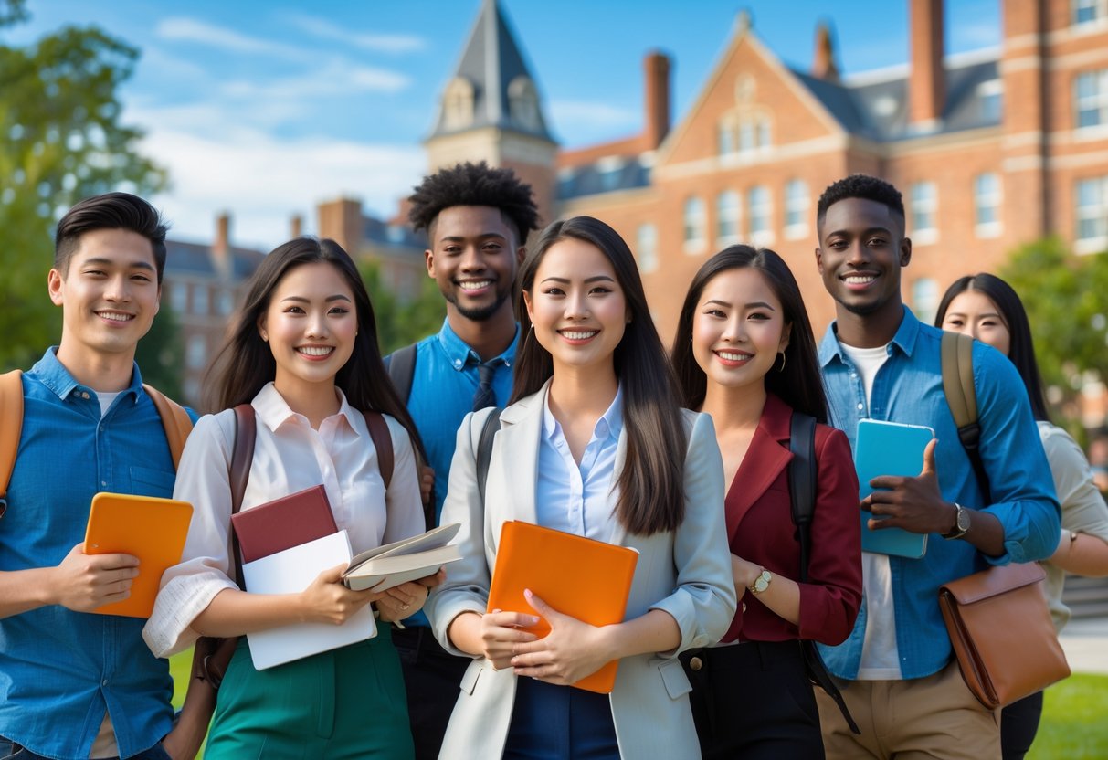 A diverse group of undergraduate students smiling and interacting on a university campus with classic buildings in the background.