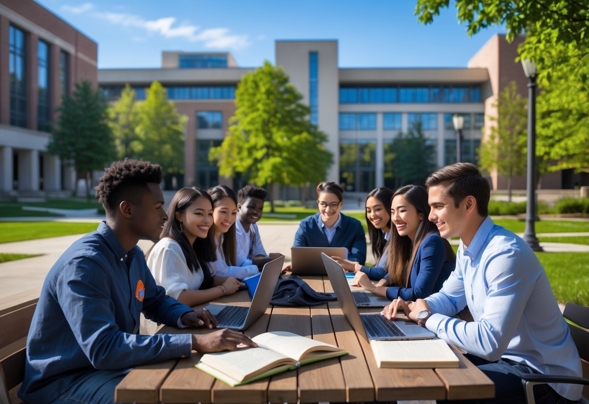A group of diverse graduate students studying together outdoors on a university campus with modern buildings and greenery in the background.