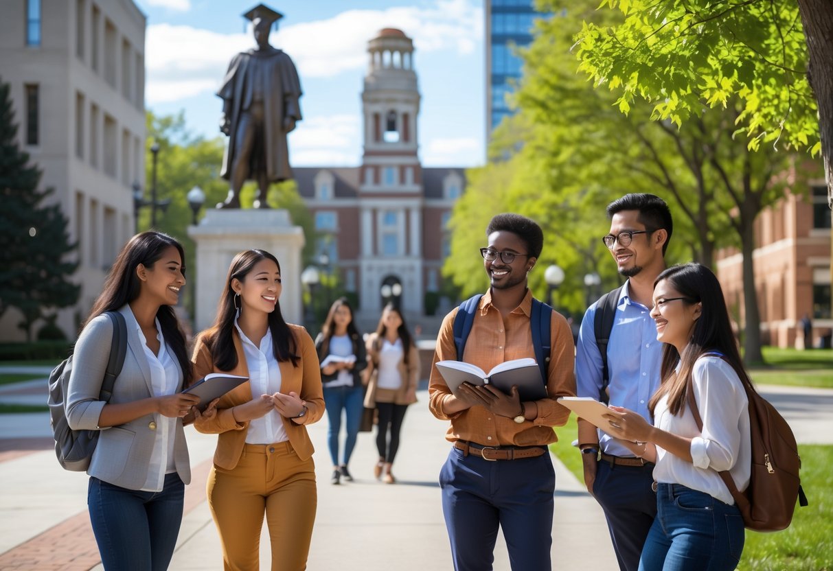 A group of diverse graduate students studying and talking together outdoors on a university campus with trees and buildings in the background.