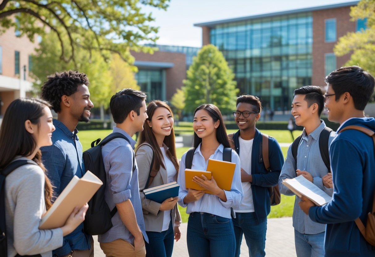 A diverse group of university students smiling and talking outdoors on a university campus with modern buildings and greenery in the background.