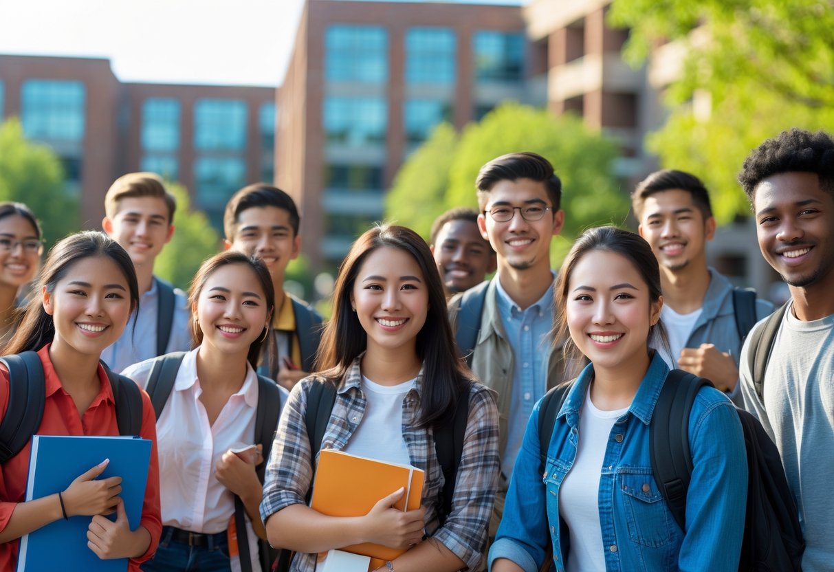 A diverse group of smiling college students outdoors on a university campus with buildings and trees in the background.