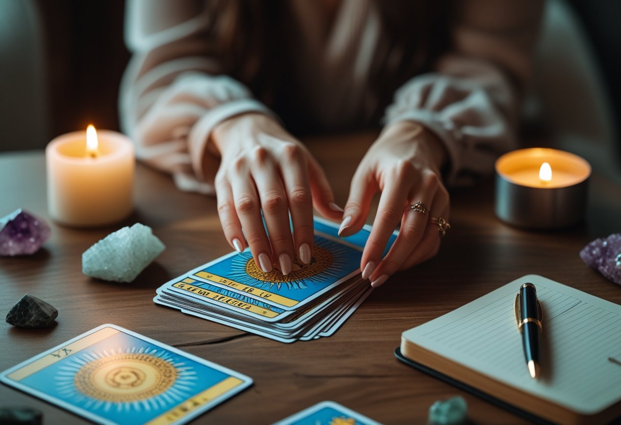 Mesa de madeira com cartas de tarô espalhadas, mãos prestes a escolher uma carta, vela acesa e cristal ao redor.