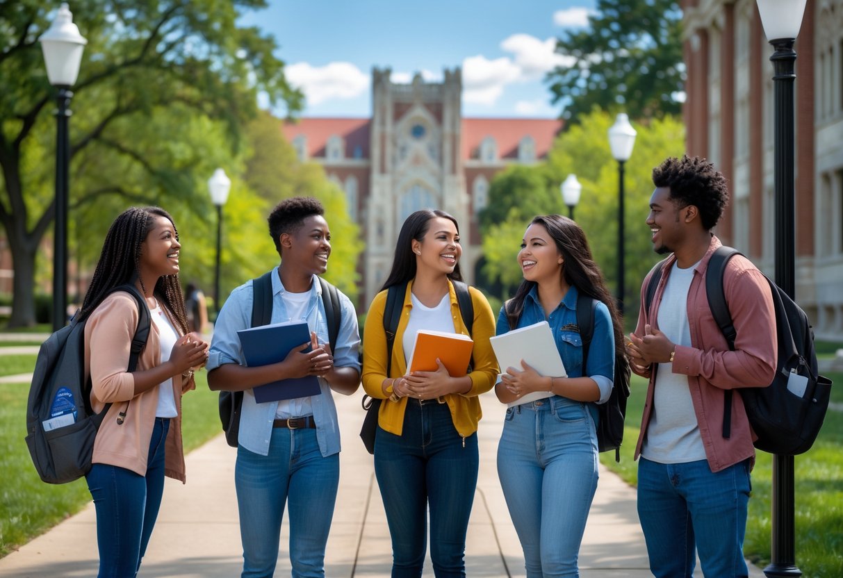 A diverse group of smiling college students standing outdoors on a university campus with trees and buildings in the background.