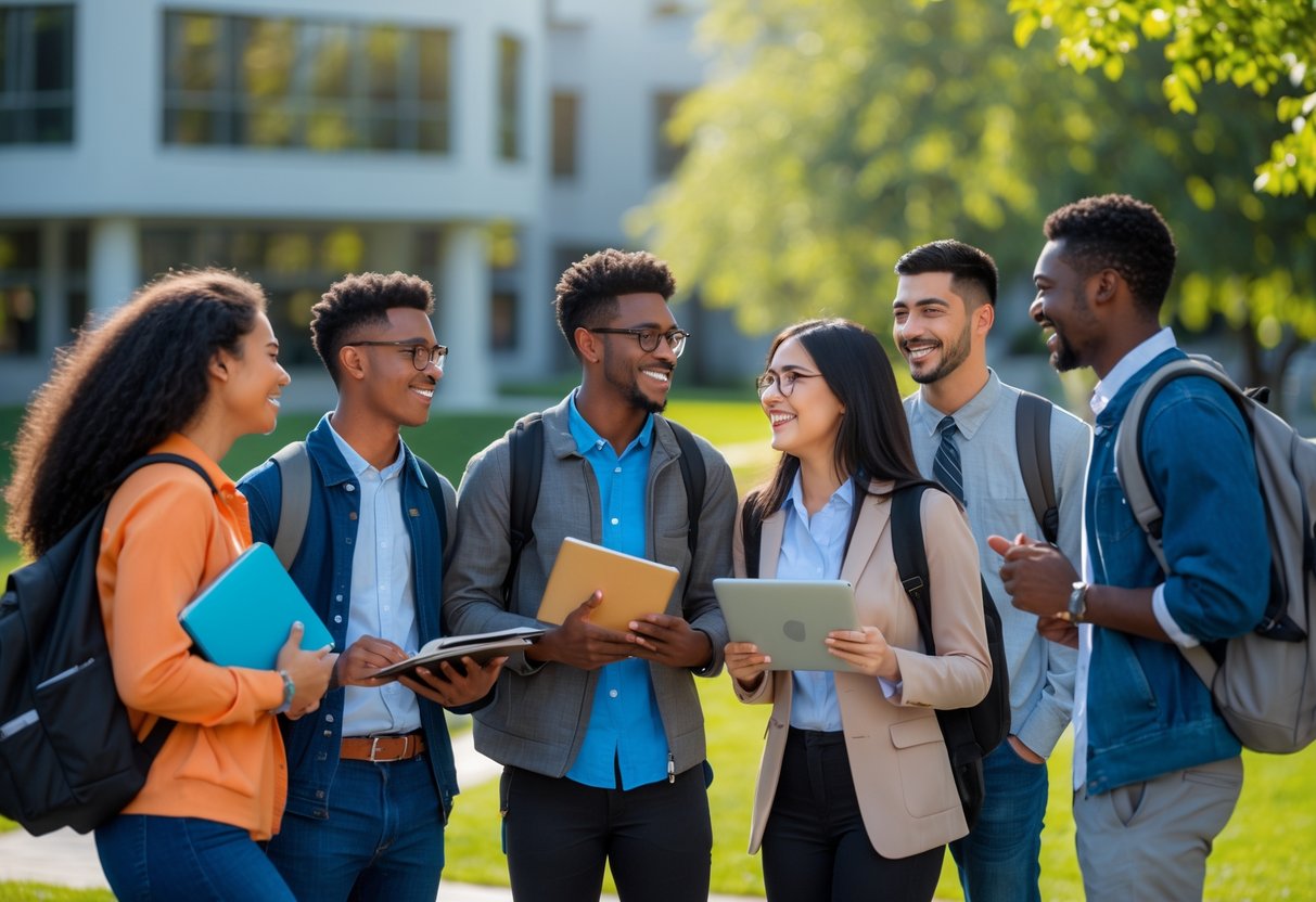 A diverse group of college students smiling and talking outdoors on a university campus with modern buildings and green lawns in the background.