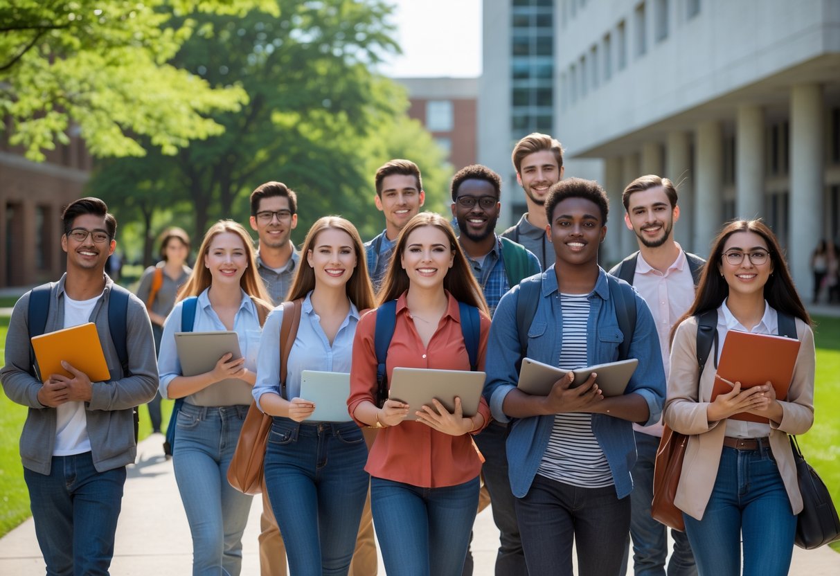 A group of diverse college students smiling and interacting outdoors on a university campus with modern buildings and trees in the background.