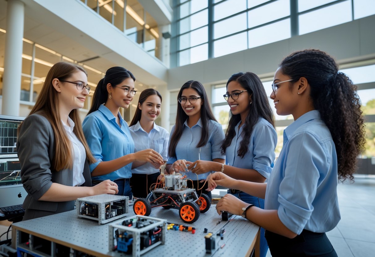 A group of young women engineers working together on a robotics project in a bright university building.