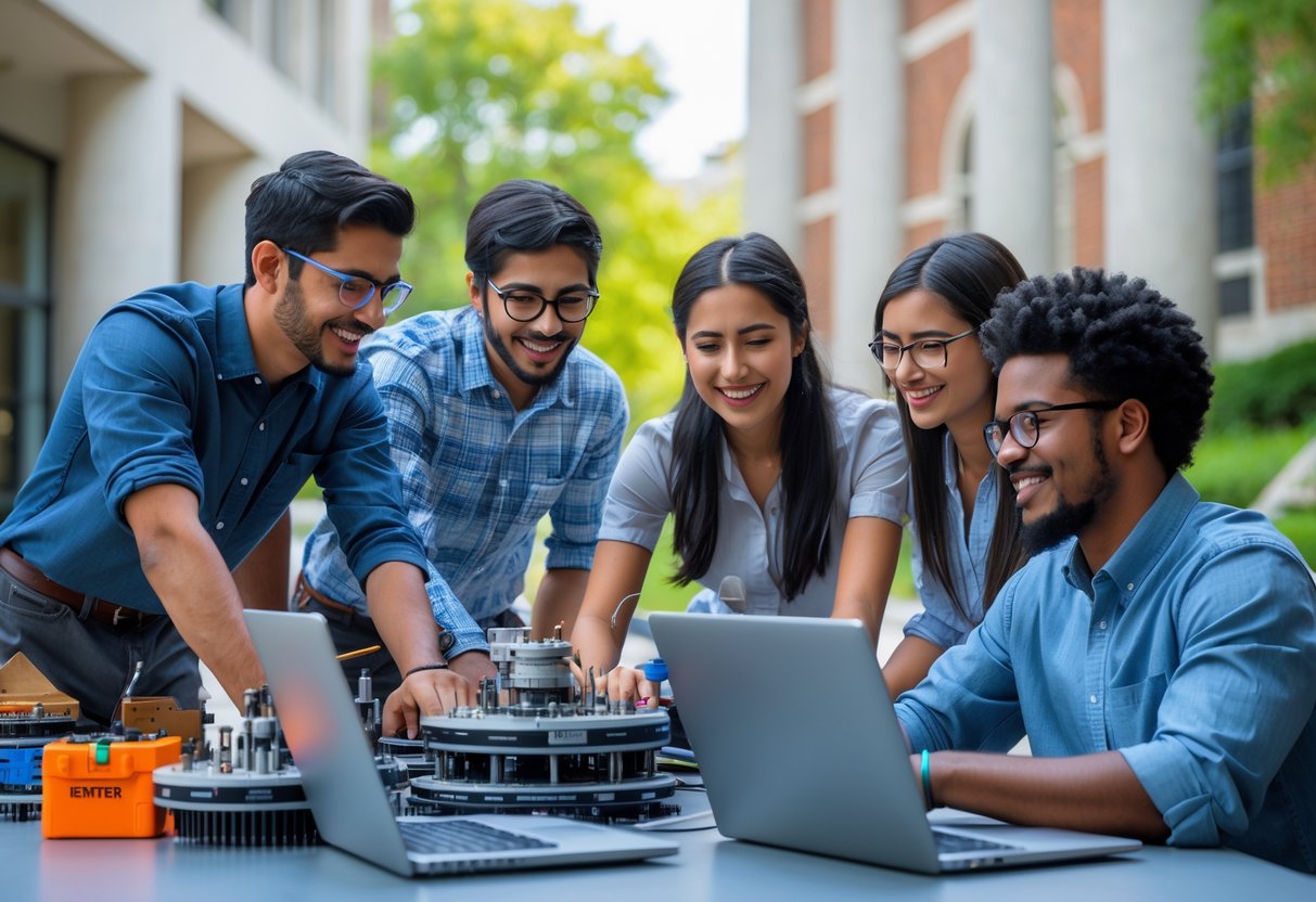 A group of diverse engineering students working together on a project outdoors on a university campus.
