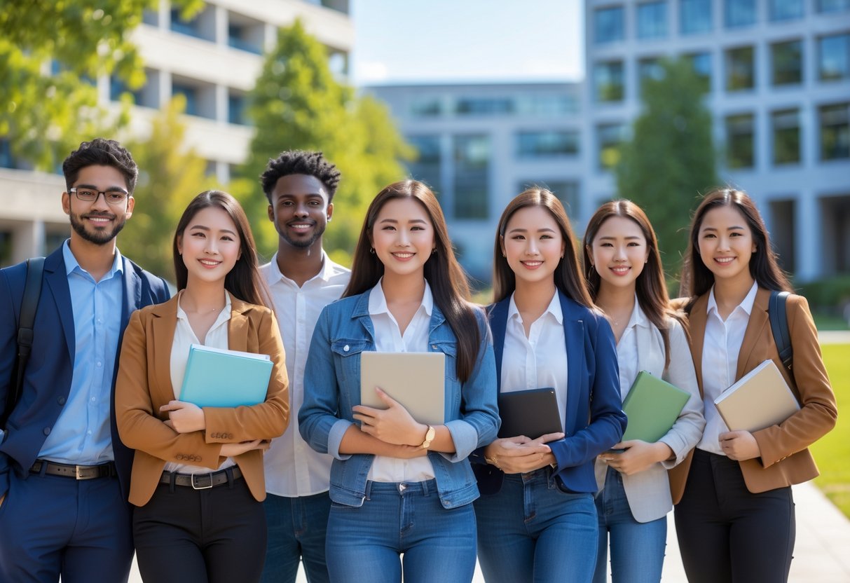 A diverse, holding books, smiling and