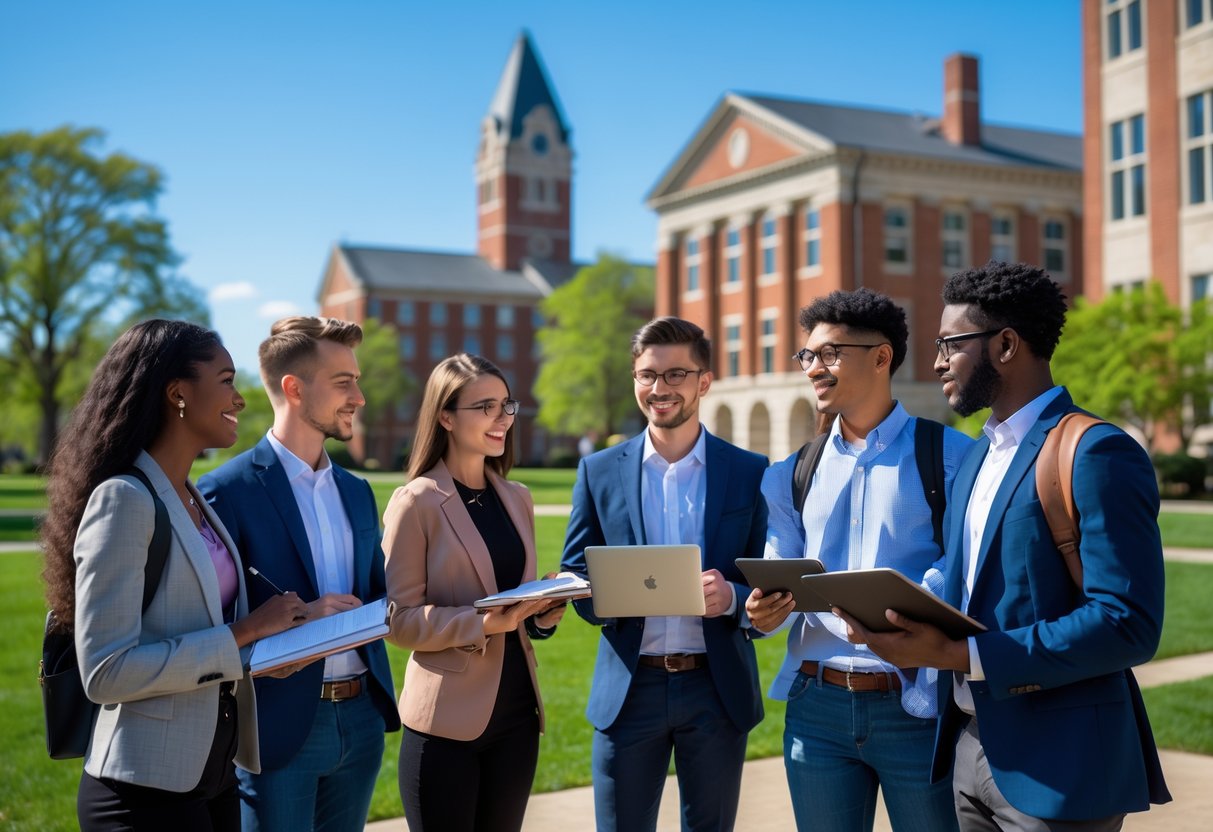 A group of diverse graduate students talking and studying together on a university campus with brick buildings and green lawns.