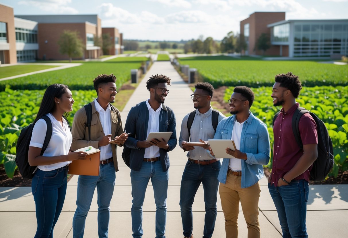 A group of college students standing outdoors on an agricultural college campus with fields and university buildings in the background.