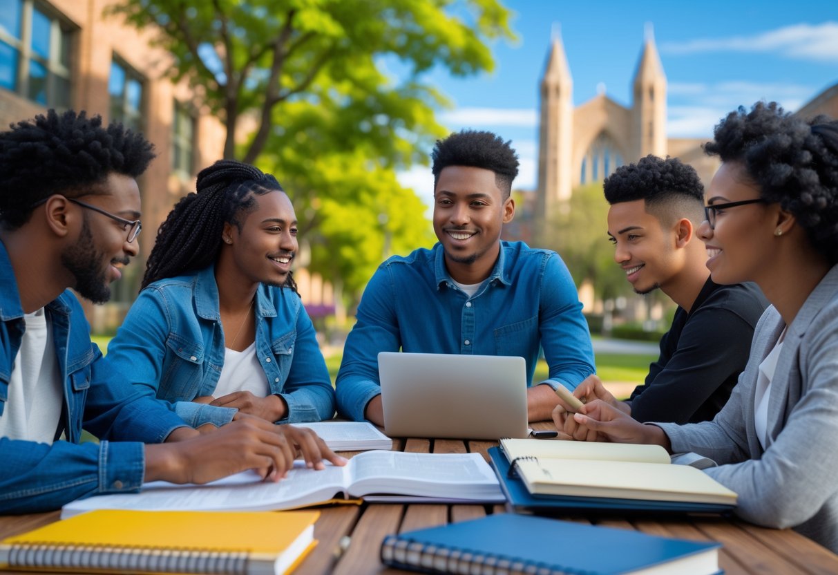 A group of university students studying together outdoors with a graduate teaching assistant explaining concepts.