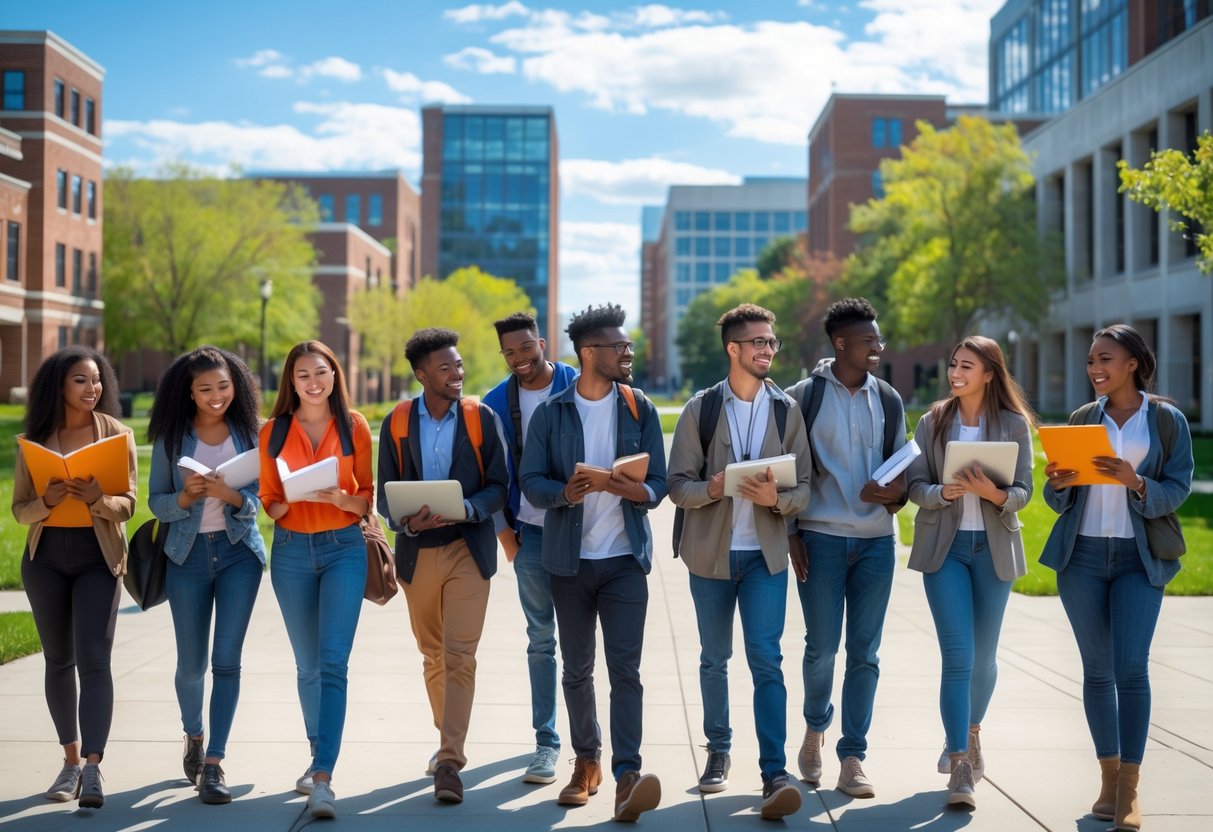 A diverse group of college students studying and talking together outdoors on a university campus with modern buildings and green spaces in the background.