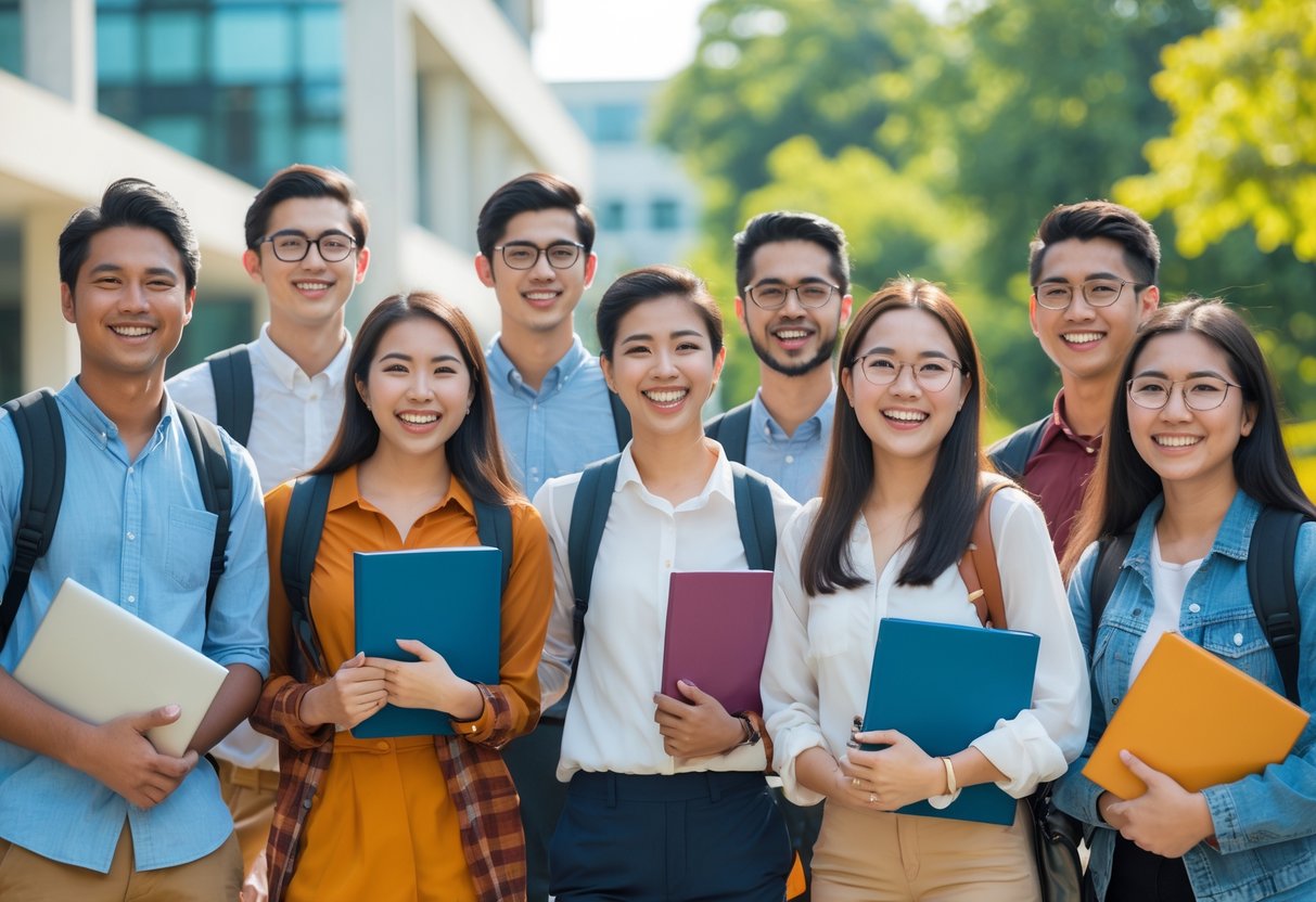 A diverse group of college students smiling and holding books outdoors on a university campus with a modern building and trees in the background.