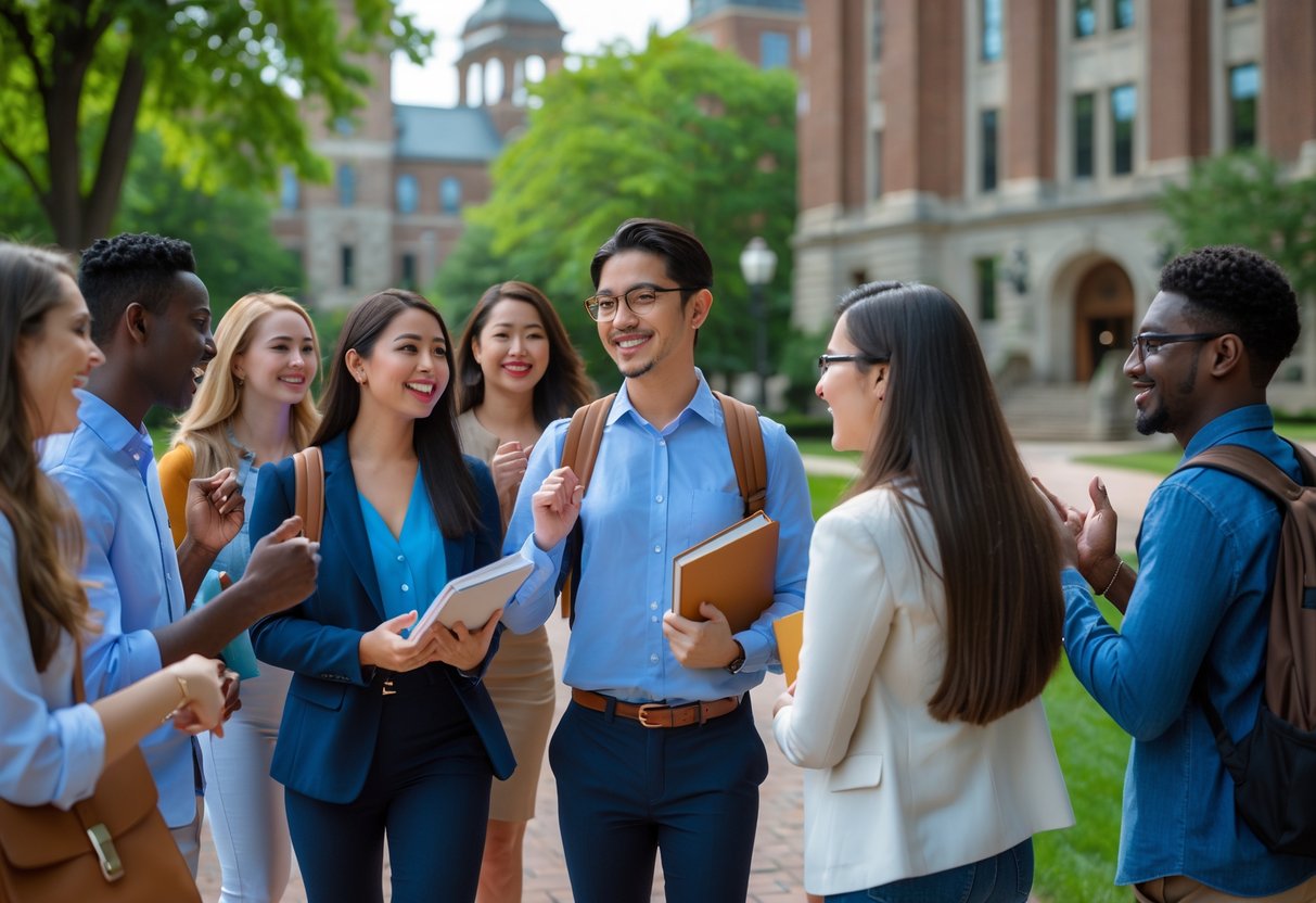A diverse group of graduate students smiling and talking outdoors on a university campus.
