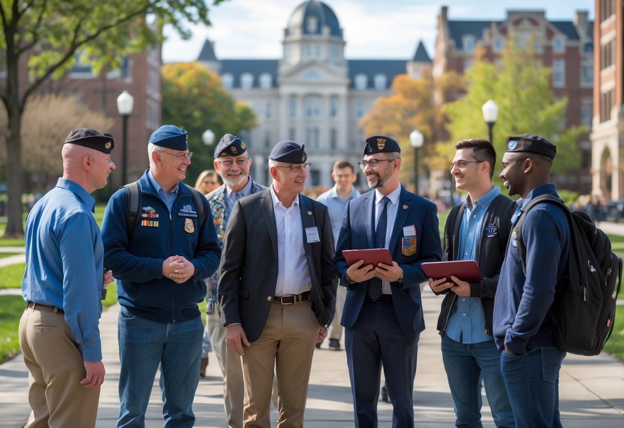 A group of veterans and university students talking outdoors on a sunny university campus with buildings and greenery in the background.