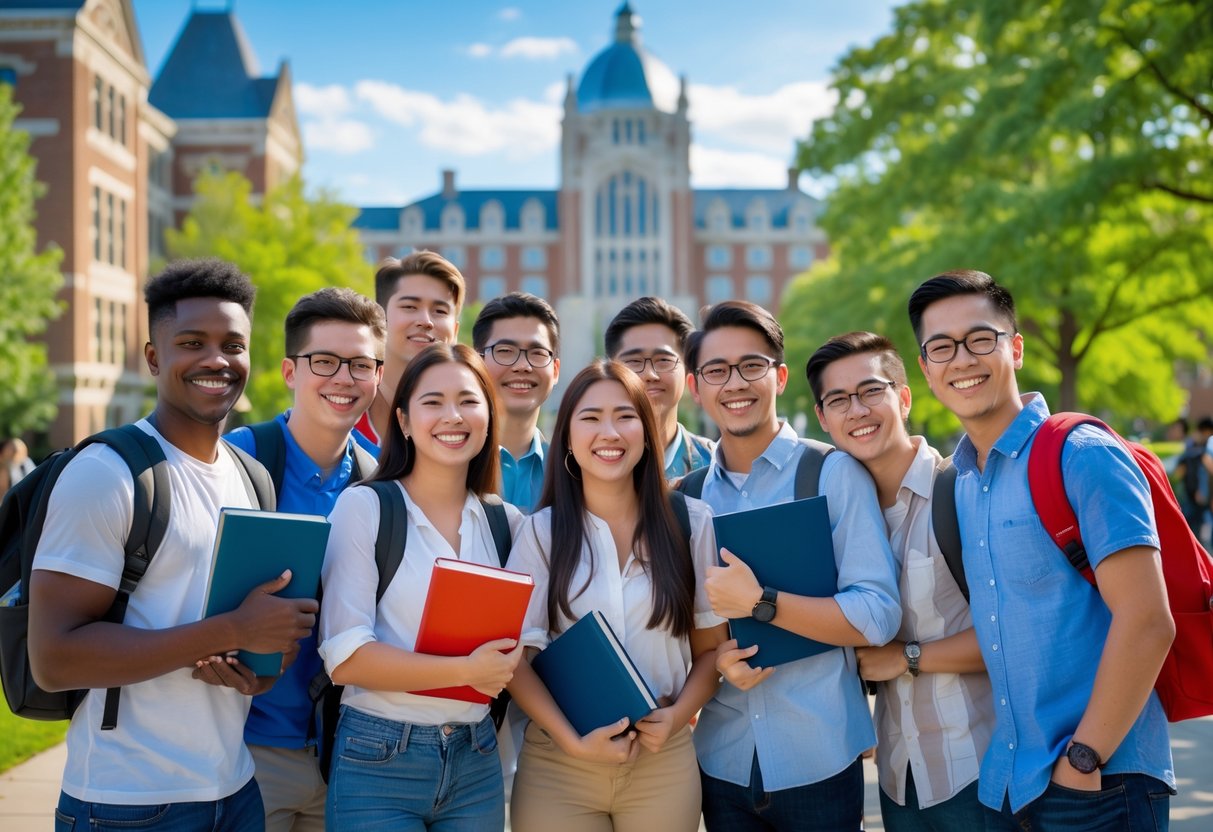 A group of diverse undergraduate students smiling and standing together outdoors on a university campus.
