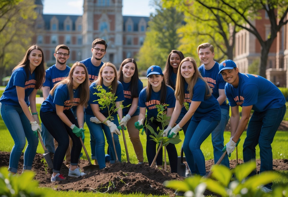 A diverse group of university students planting trees and cleaning a green space on a sunny day at a university campus.
