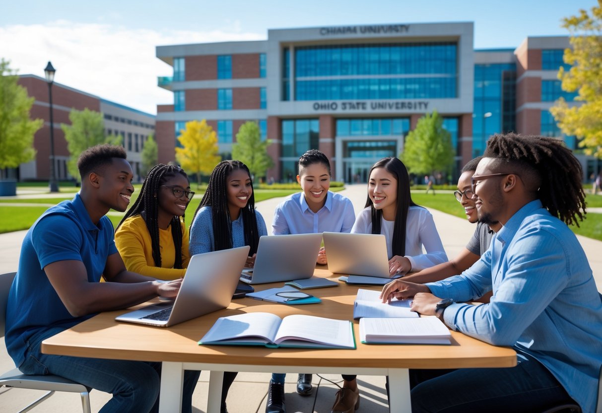 A diverse group of graduate students studying together outdoors on a university campus with a modern building in the background.