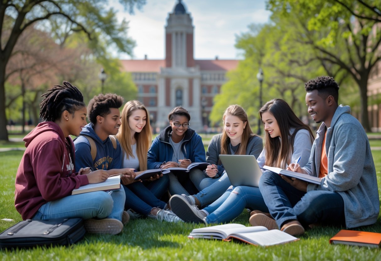 A group of diverse college students studying together outdoors on a university campus with buildings and trees in the background.