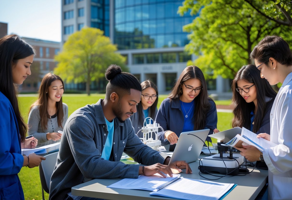 Graduate students working together outdoors on a university campus with modern buildings and greenery in the background.