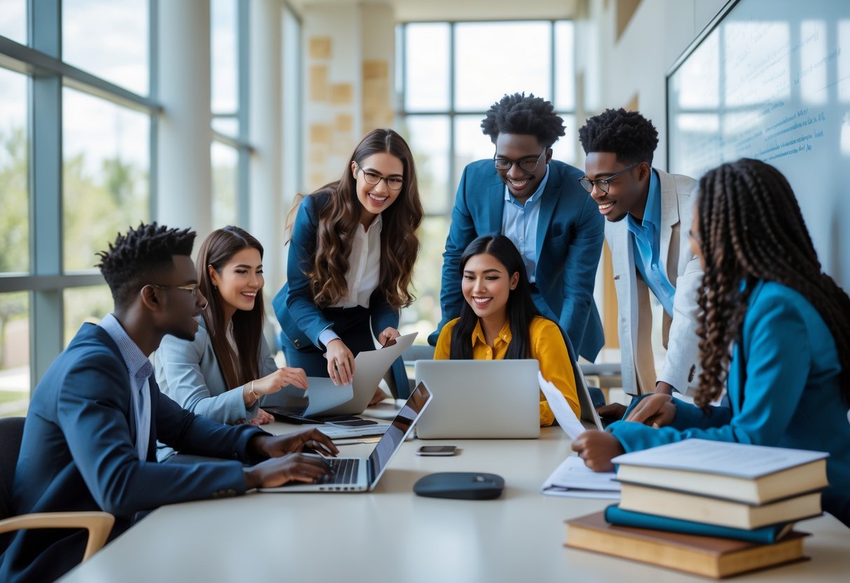 A group of graduate students working together and discussing ideas in a bright university study area.