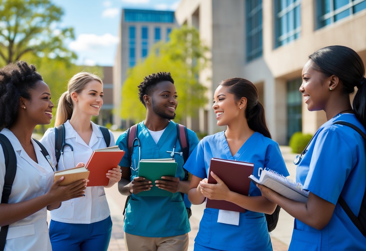 A group of diverse nursing students talking and holding textbooks outside a university building on a sunny day.