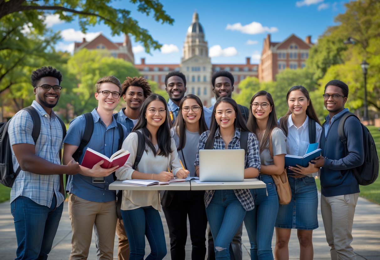A group of diverse college students studying together outdoors on a university campus with buildings and trees in the background.