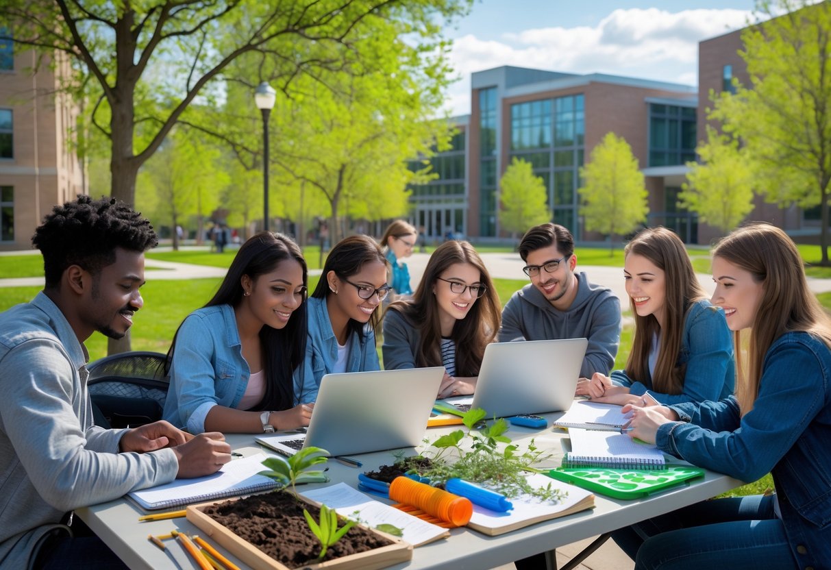 A diverse group of university students studying together outdoors on a campus with green trees and modern buildings in the background.
