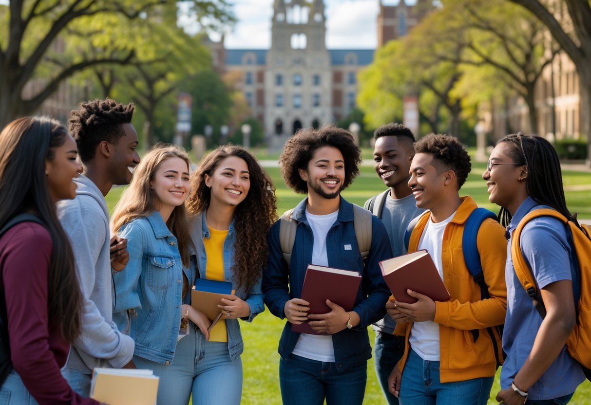 A diverse group of smiling university students standing outdoors on a university campus with buildings and trees in the background.