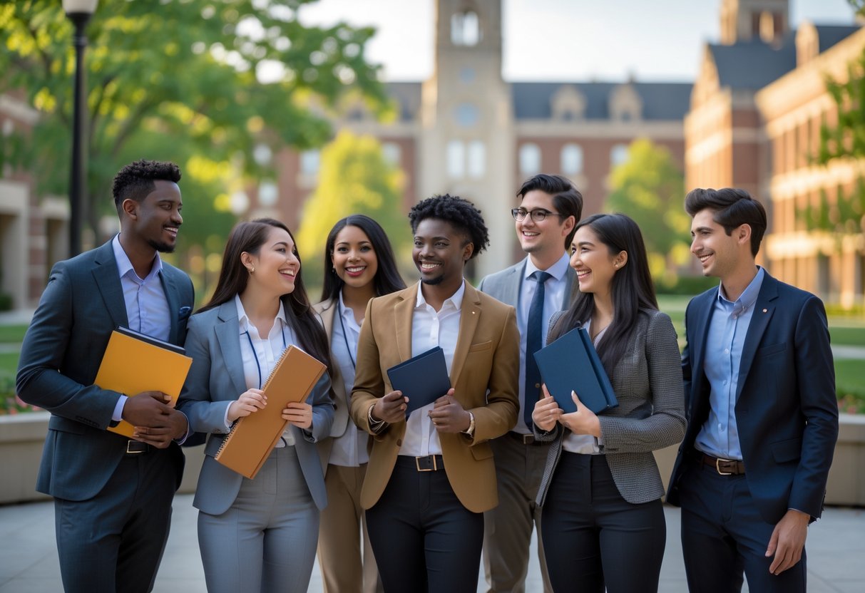 A group of diverse college students smiling and celebrating outdoors on a university campus.