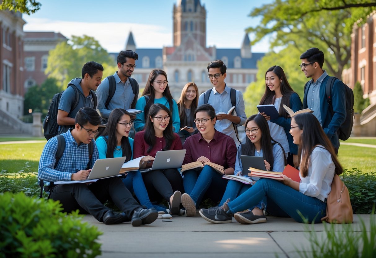 A diverse group of international university students studying and collaborating outdoors on a university campus with buildings and trees in the background.