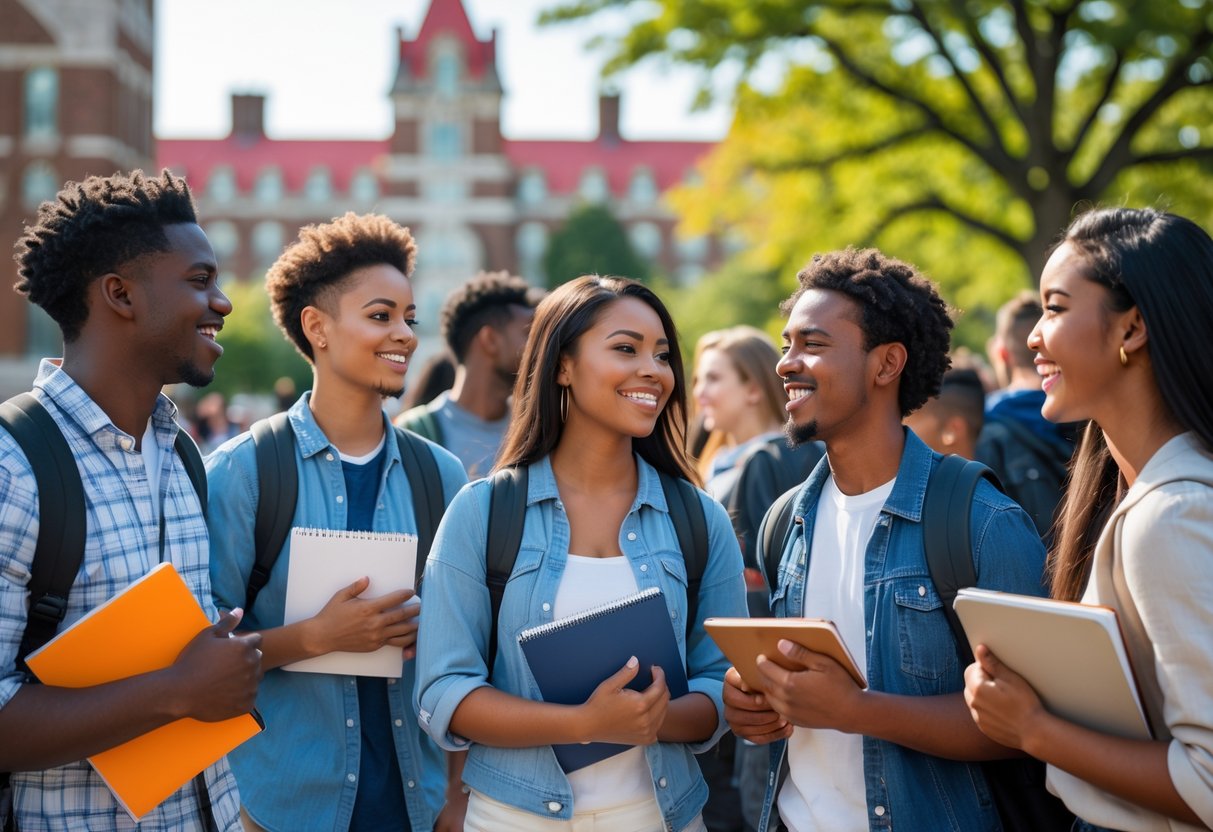 A group of diverse college students smiling and talking outdoors on a university campus with buildings and trees in the background.