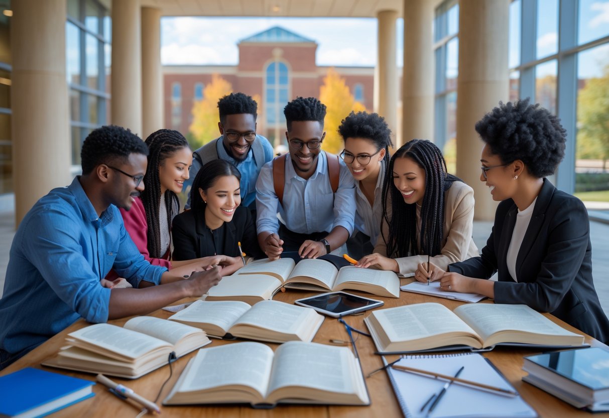A diverse group of graduate students studying and collaborating around a table on a university campus.