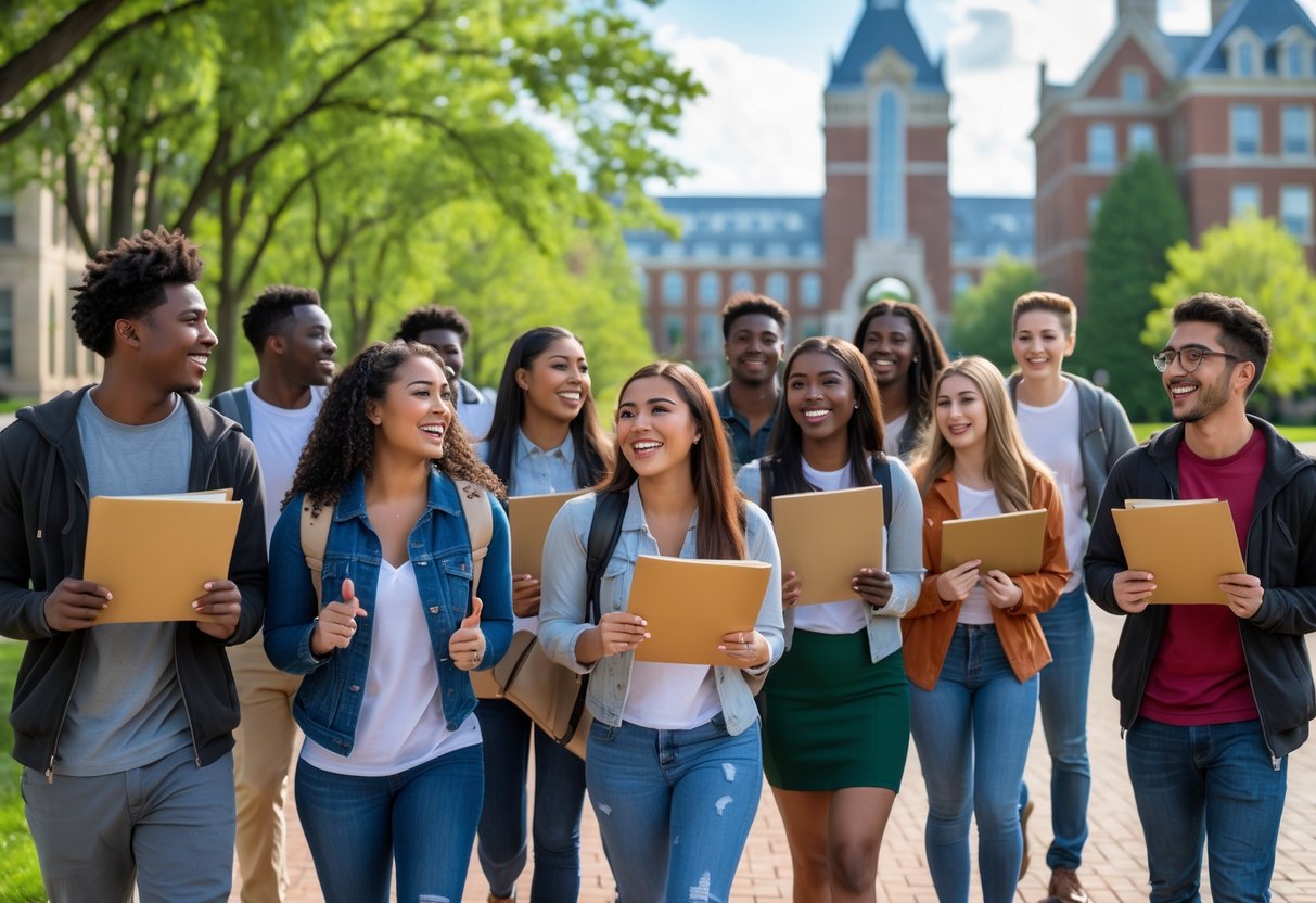 A diverse group of happy college freshmen celebrating scholarship awards outdoors on a university campus.