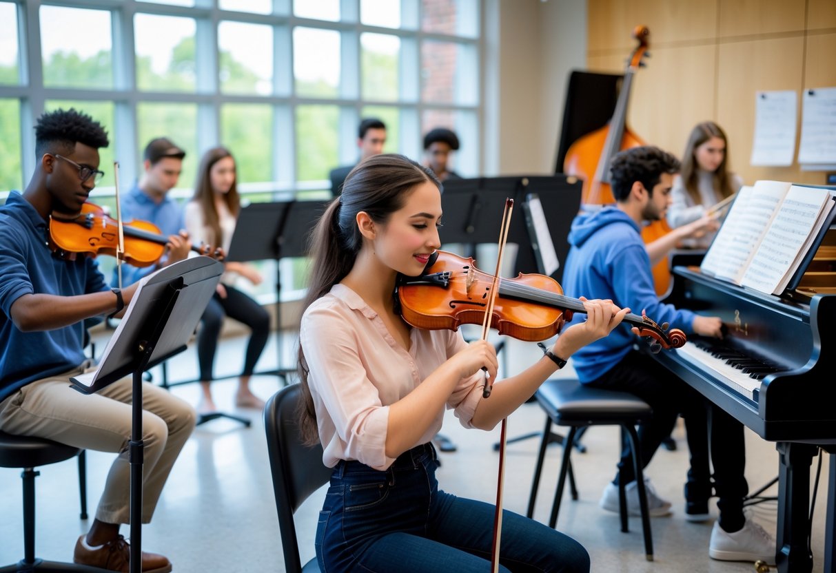 College students playing various musical instruments together in a bright university music practice room.