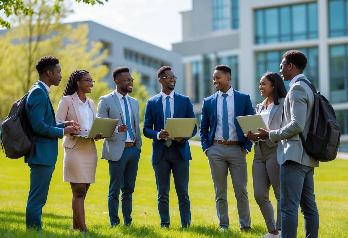 A group of diverse young adults studying and talking together outdoors on a university campus.