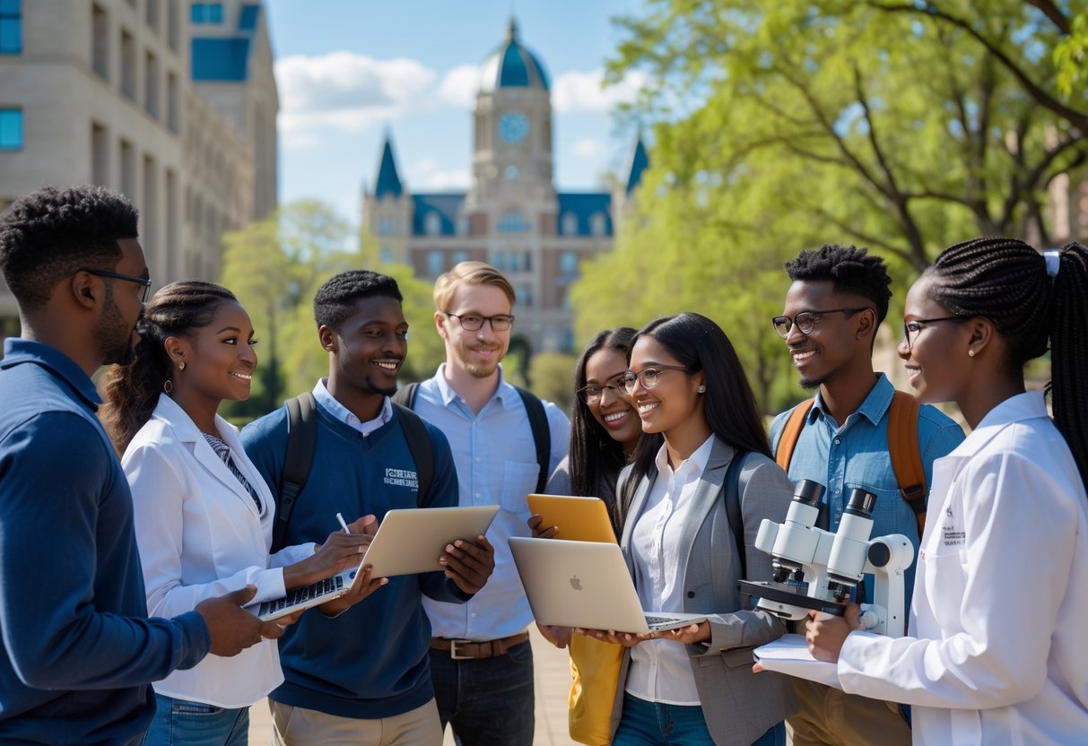 A diverse group of graduate students collaborating outdoors on a university campus with academic buildings and trees in the background.