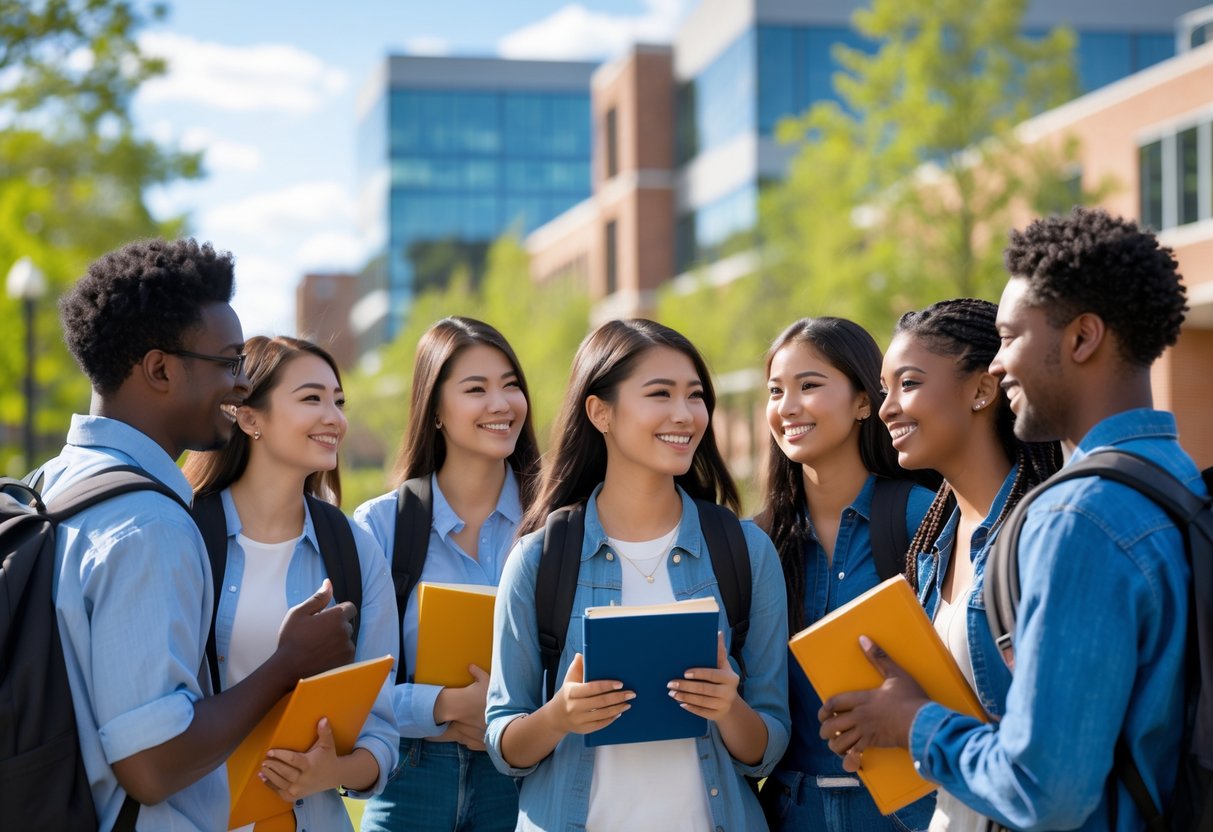 A group of diverse college students talking and smiling outdoors on a university campus with buildings and trees in the background.