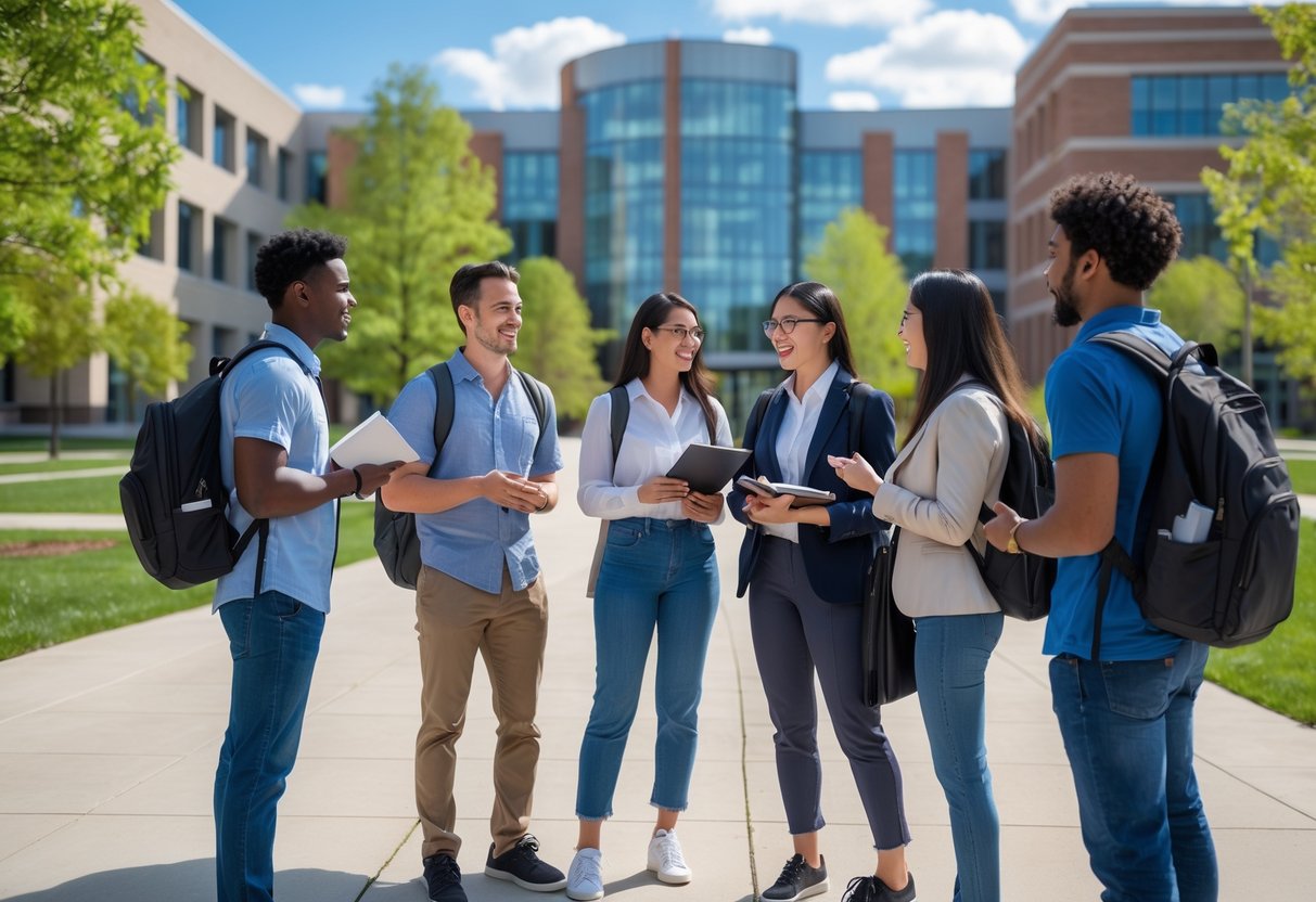 A diverse group of graduate students talking together outside on a university campus with modern buildings and trees in the background.