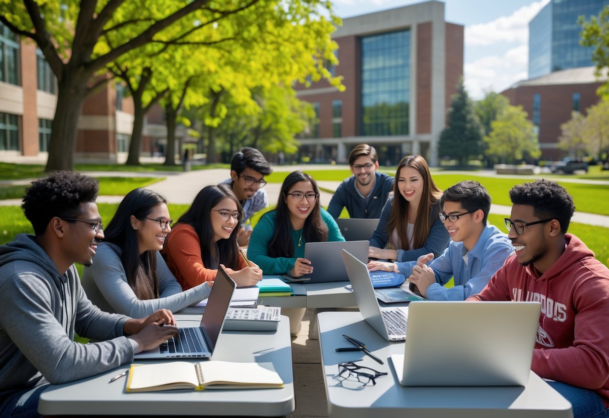 A diverse group of university students studying together outdoors on a sunny day at a university campus.