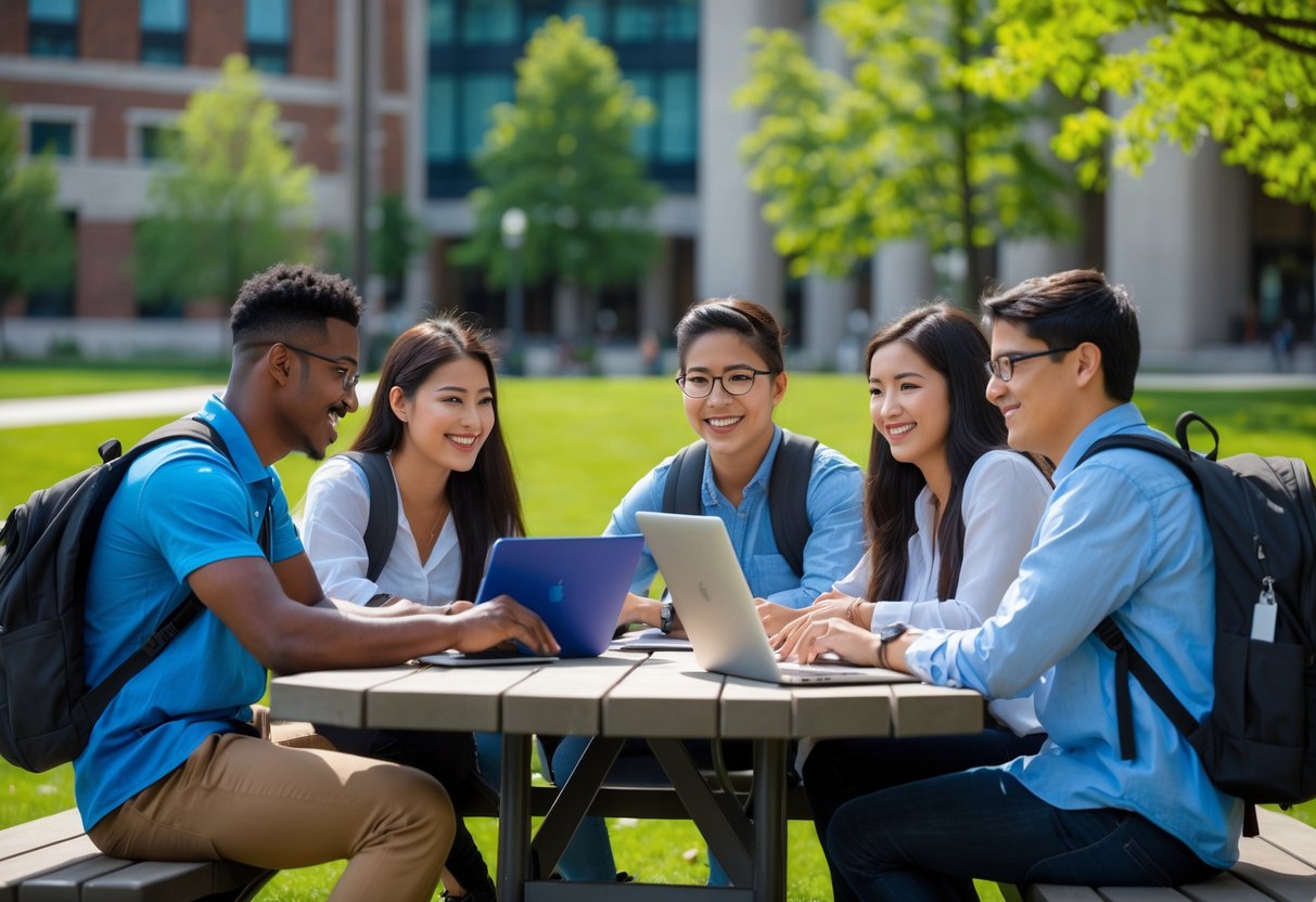 A group of diverse graduate students studying together outdoors on a university campus on a sunny day.
