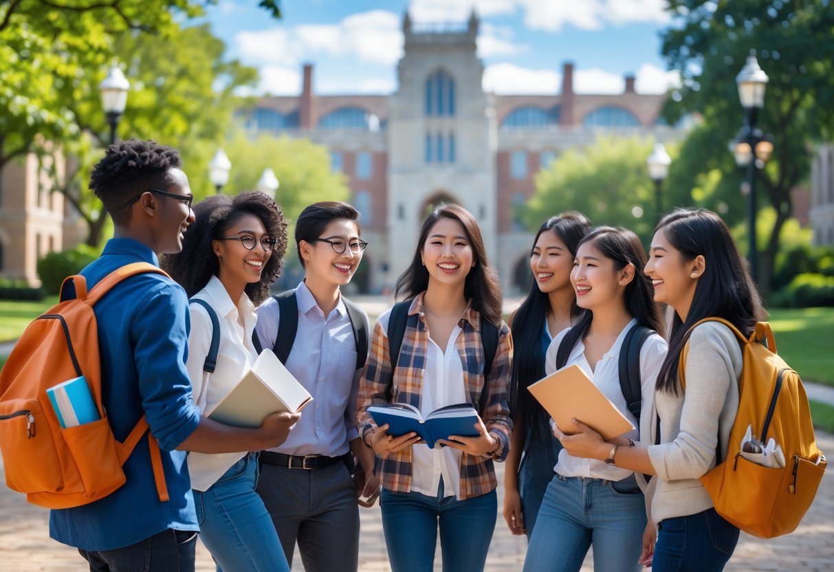 A diverse group of international students smiling and talking on a university campus with buildings and trees in the background.