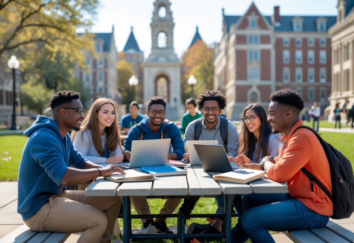 A group of diverse university students studying together outdoors on a sunny day with campus buildings in the background.