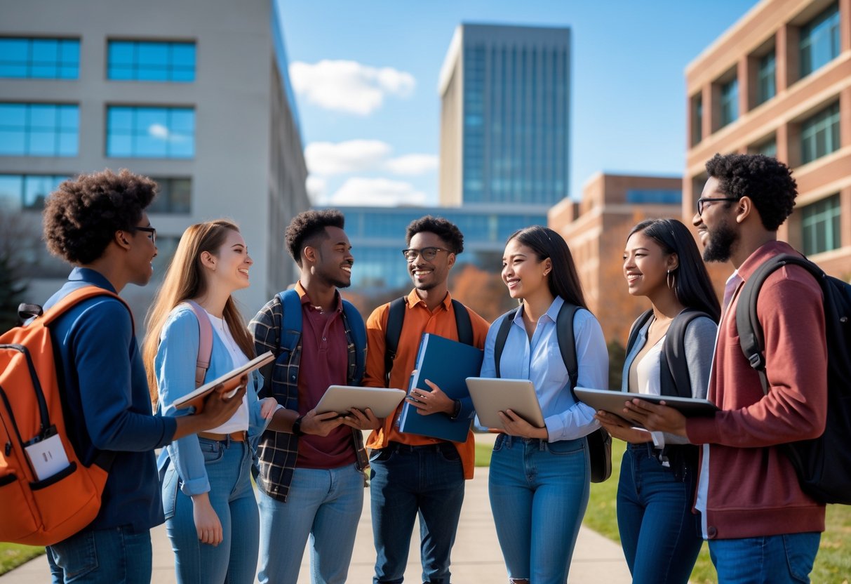 A group of diverse university students talking and studying together outdoors on a sunny university campus.
