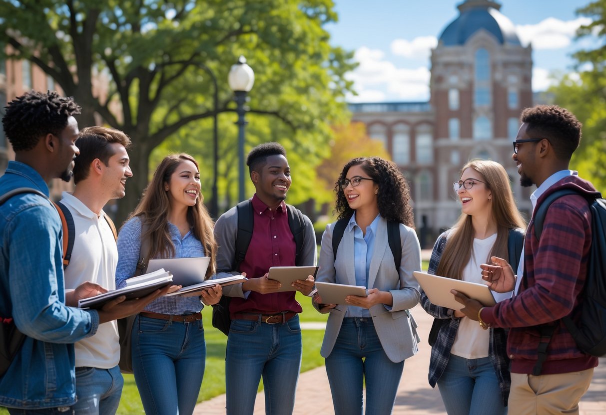 A group of diverse college students talking and studying together outdoors on a university campus with campus buildings in the background.